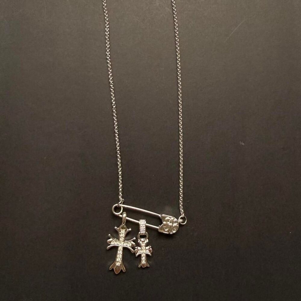 Double Cross Safety Pin Stainless Steel Necklace